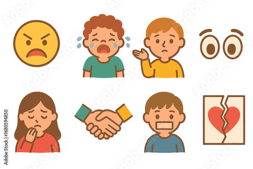 Children's Emotions Icons. Flat vector mini-illustrations betrayal emotions in colors children's illustrations: angry face, crying