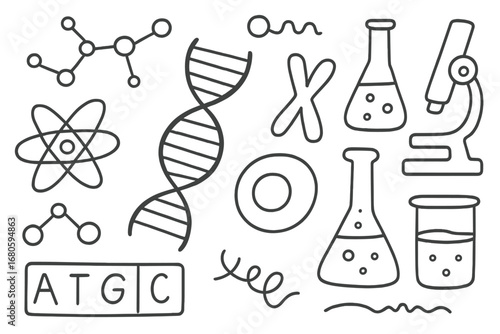 DNA Structure Doodles. Hand-drawn doodle illustration DNA structure DNA helix, atoms, bonds, molecule, microscope, test tube, lab