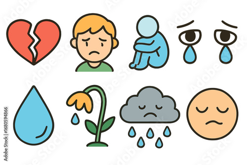 Children's Emotional Icons. Flat vector mini-illustrations emotional hurt in colors children's illustrations: broken heart, sad