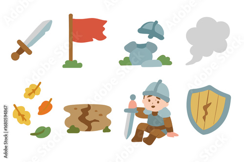 Children's Fantasy Battle Icons. Flat vector mini-illustrations battle aftermath in colors children's illustrations: broken sword,