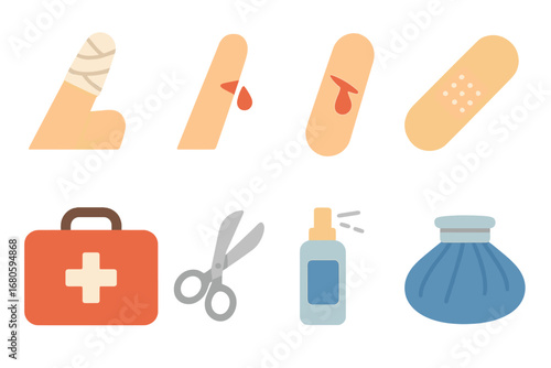 Children's First Aid Icons. Flat vector mini-illustrations injury cuts in colors children's illustrations: bandaged finger, paper