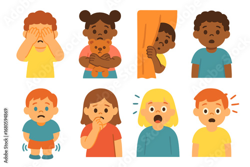 Children's Fear Illustrations. Flat vector mini-illustrations fear gestures and body language in colors children's illustrations: