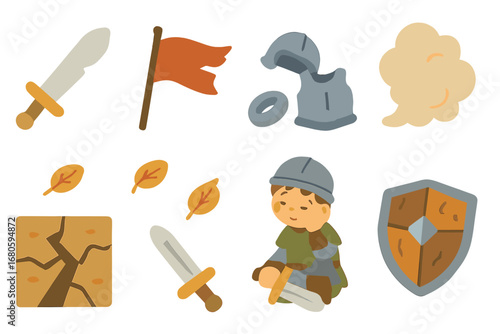 Children's Fantasy Battle Icons. Flat vector mini-illustrations battle aftermath in colors children's illustrations: broken sword,
