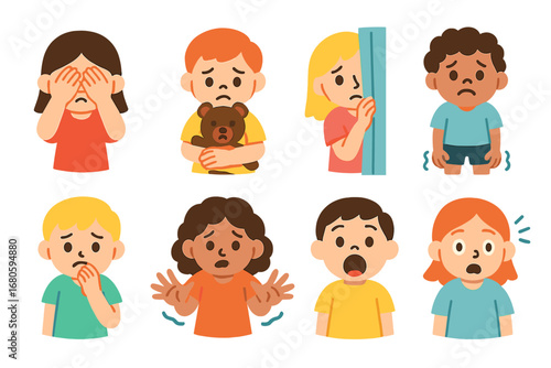Children's Fear Illustrations. Flat vector mini-illustrations fear gestures and body language in colors children's illustrations: