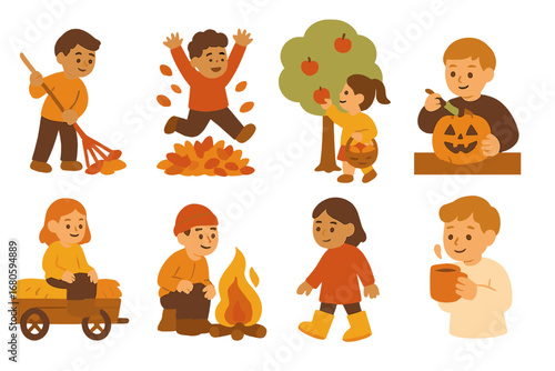 Children's Fall Activities. Flat vector mini-illustrations fall activities in colors children's illustrations: raking leaves,