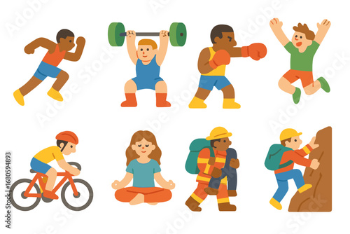 Children's Fitness Icons. Flat vector mini-illustrations physical exertion in colors children's illustrations: sprinting athlete,