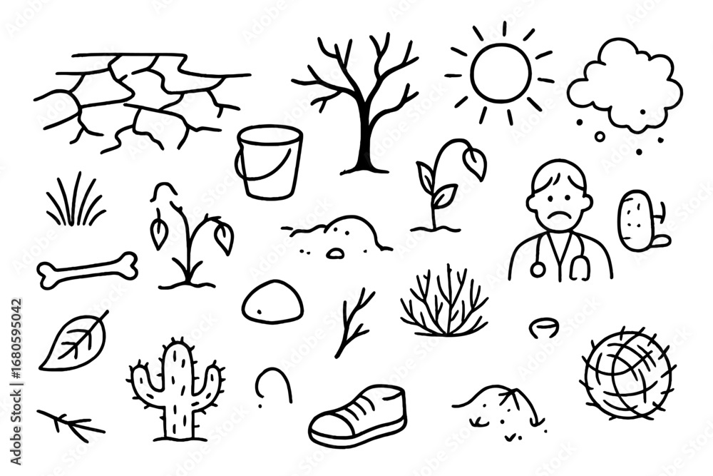 Obraz premium Doodle of Drought and Decay. Hand-drawn doodle illustration drought barrenness cracked soil, dry riverbed, dead tree, sun, dust