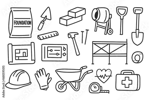Doodle Construction and Medical Icons. Hand-drawn doodle illustration foundation cement bag, trowel, bricks, concrete mixer,