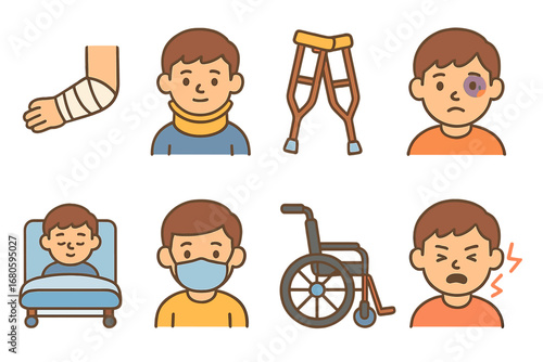 Children's Injury Icons. Flat vector mini-illustrations car crash injuries in colors children's illustrations: bandaged arm, neck
