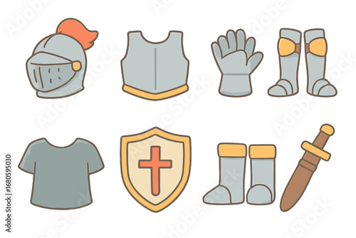Children's Knight Armor Icons. Flat vector mini-illustrations knight armor pieces in colors children's illustrations: helmet,