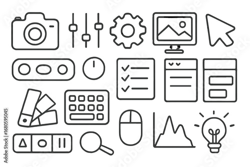 Doodle Editing Icons. Hand-drawn doodle illustration filter preset camera, sliders, gear, computer screen, cursor, color palette,