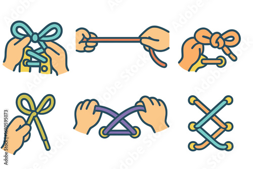 Children's Lace Illustrations. Flat vector mini-illustrations lace tying actions in colors children's illustrations: tying bow,