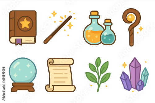 Children's Magic Tools. Flat vector mini-illustrations wizard tools for magic in colors children's illustrations: spell book,