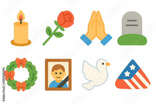 Children's Mourning Rituals. Flat vector mini-illustrations mourning rituals in colors children's illustrations: candle lighting,