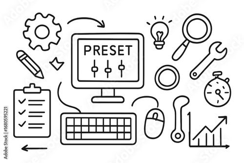 Doodle Software Icons. Hand-drawn doodle illustration software preset computer screen, gear, sliders, settings icon, keyboard,
