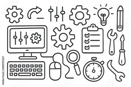 Doodle Software Icons. Hand-drawn doodle illustration software preset computer screen, gear, sliders, settings icon, keyboard,