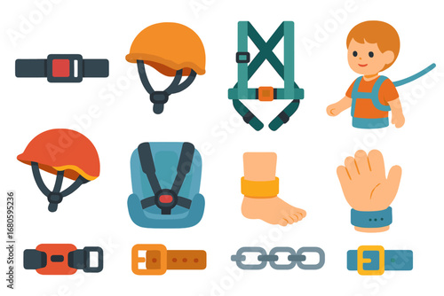 Children's Safety Icons. Flat vector mini-illustrations safety straps in colors children's illustrations: seatbelt, helmet strap,