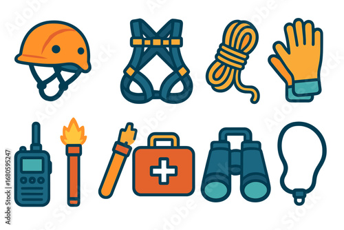 Children's Safety Gear Icons. Flat vector mini-illustrations lookout safety gear in colors children's illustrations: helmet,