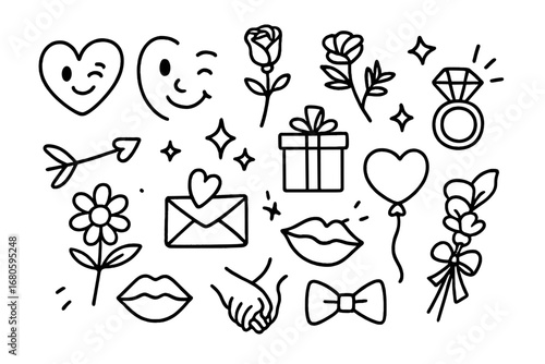 Doodle Symbols Extravaganza. Hand-drawn doodle illustration winking love heart, wink face, rose, lips, cupid arrow, star, sparkle,