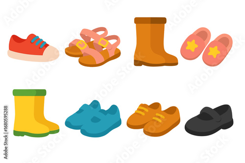 Children's Shoe Collection. Flat vector mini-illustrations children’s shoes in colors children's illustrations: sneakers, sandals,
