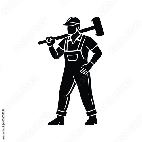 Worker Standing with Hammer Construction Vector