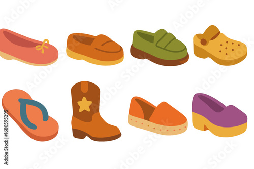 Children's Shoe Illustrations. Flat vector mini-illustrations shoe types in colors children's illustrations: ballet flat, moccasin