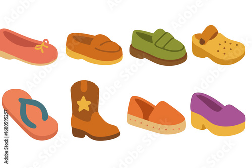 Children's Shoe Illustrations. Flat vector mini-illustrations shoe types in colors children's illustrations: ballet flat, moccasin