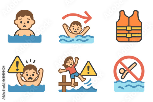Children's Water Safety Icons. Flat vector mini-illustrations water safety warnings in colors children's illustrations: deep water