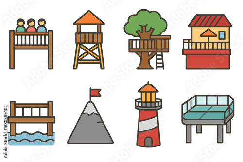 Children's Vantage Points. Flat vector mini-illustrations viewpoint platforms in colors children's illustrations: observation deck