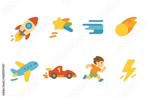 Dynamic Kids' Icons. Flat vector mini-illustrations fast movement in colors children's illustrations: rocket, shooting star, speed