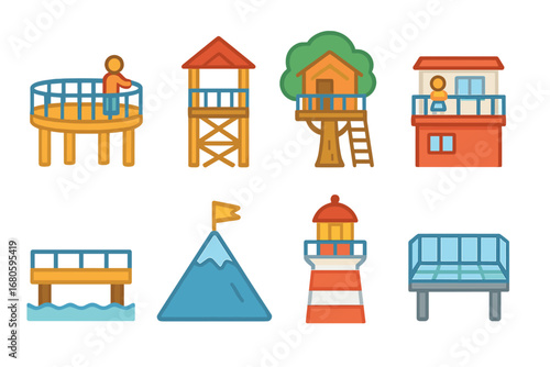 Children's Vantage Points. Flat vector mini-illustrations viewpoint platforms in colors children's illustrations: observation deck