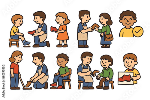 Children’s Shoe Shop Icons. Flat vector mini-illustrations cobbler customers in colors children's illustrations: shoe fitting,