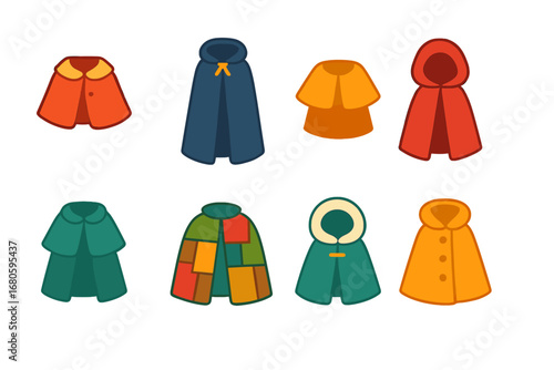 Cloak Styles Grid. Flat vector mini-illustrations cloak styles in colors children's illustrations: capelet, full-length cloak,