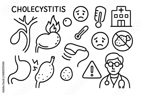 Cholecystitis Cartoon Doodles. Hand-drawn doodle illustration cholecystitis inflamed gallbladder, flame icon, bile duct, pain face