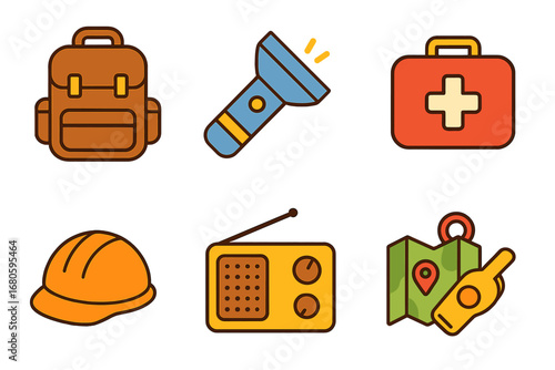 Earthquake Preparedness Icons. Flat vector mini-illustrations earthquake preparedness in colors children's illustrations: