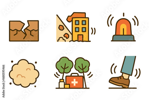 Earthquake Safety Icons. Flat vector mini-illustrations earthquake rumble in colors children's illustrations: cracked earth,