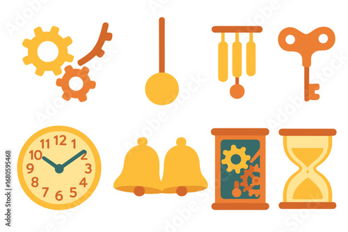 Clockwork Elements Grid. Flat vector mini-illustrations clock tower details in colors children's illustrations: gears, pendulum,