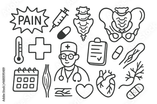 Coccyx Pain Symbols. Hand-drawn doodle illustration coccyx pain pain symbol, coccyx, pelvis, syringe, pill, clipboard, thermometer