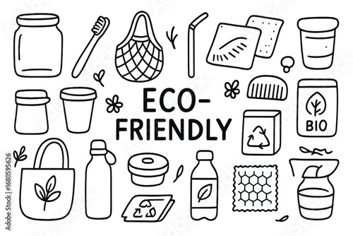 Eco-Friendly Essentials Doodle. Hand-drawn doodle illustration Eco-conscious plastic replacements glass jar, bamboo toothbrush,