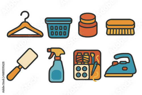 Colorful Closet Tools. Flat vector mini-illustrations closet tools in colors children's illustrations: hanger, laundry basket,
