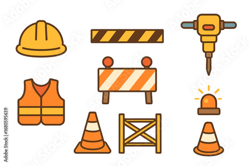 Colorful Construction Icons. Flat vector mini-illustrations construction warnings in colors children's illustrations: hard hat,