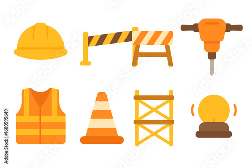 Colorful Construction Icons. Flat vector mini-illustrations construction warnings in colors children's illustrations: hard hat,