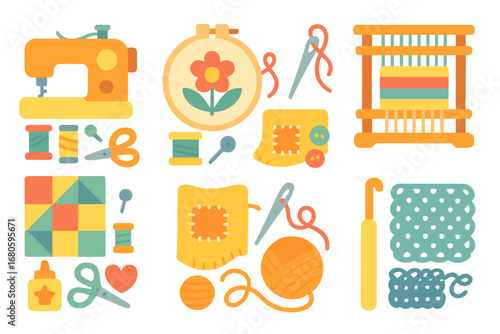 Colorful Craft Icons. Flat vector mini-illustrations thread uses in colors children's illustrations: sewing, embroidery, quilting,