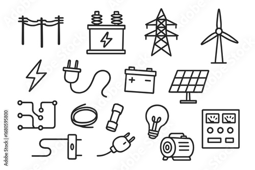 Electrical Grid Doodles. Hand-drawn doodle illustration electrical grid power lines, transformer, electric tower, lightning bolt,