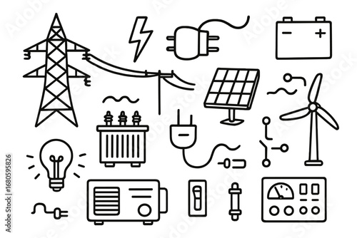 Electrical Grid Doodles. Hand-drawn doodle illustration electrical grid power lines, transformer, electric tower, lightning bolt,