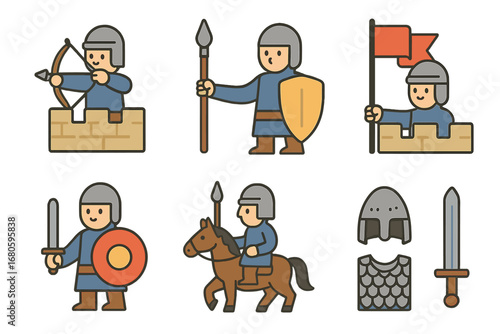 Colorful Knights Grid. Flat vector mini-illustrations rampart soldiers in colors children's illustrations: archers, spearmen,