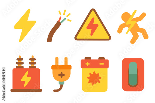 Electrical Safety Icons. Flat vector mini-illustrations electrical danger signs in colors children's illustrations: lightning bolt