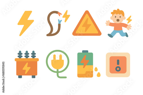 Electrical Safety Icons. Flat vector mini-illustrations electrical danger signs in colors children's illustrations: lightning bolt