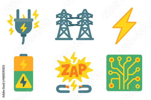 Electricity Icons Grid. Flat vector mini-illustrations electric shock in colors children's illustrations: electric plug, power