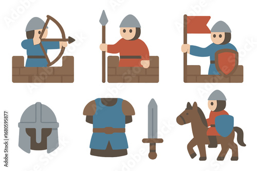 Colorful Knights Grid. Flat vector mini-illustrations rampart soldiers in colors children's illustrations: archers, spearmen,